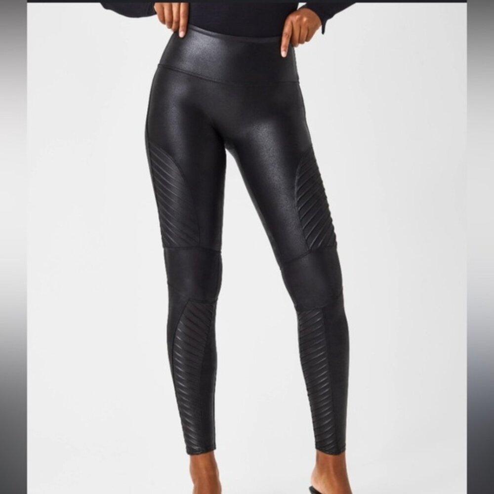 SPANX Faux Leather Black Moto Bikercore Textured Hi Rise Leggings